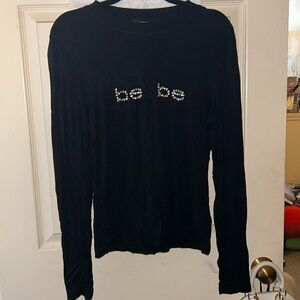 Bebe Medium Black Rhinestone Shirt with Sexy V-neck Mesh Detail Long Sleeved